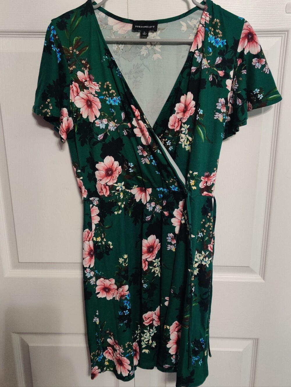 Fortune + Ivy XL Green Floral Dress Pink Flutter Knee Flowers Emerald Slip On